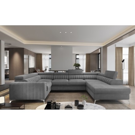 - Canapé d'angle convertible, LOUCA VELOURS Luxe, 7/8 places, gris , accoudoir gauche (vu de face)