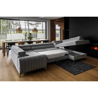 - Canapé d'angle convertible, LOUCA VELOURS Luxe, 7/8 places, gris , accoudoir gauche (vu de face)