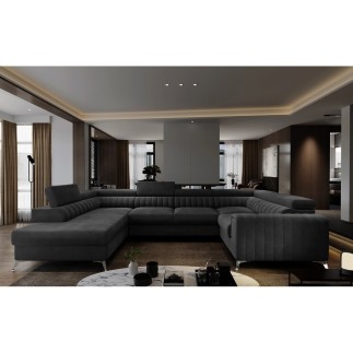 Canapé d'angle convertible LOUCA VELOURS Luxe, 7/8 places, gris anthracite , accoudoir droit (vu de face)