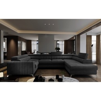 Canapé d'angle convertible, LOUCA VELOURS Luxe, 7/8 places, gris anthracite, accoudoir gauche (vu de face)