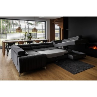 Canapé d'angle convertible, LOUCA VELOURS Luxe, 7/8 places, gris anthracite, accoudoir gauche (vu de face)
