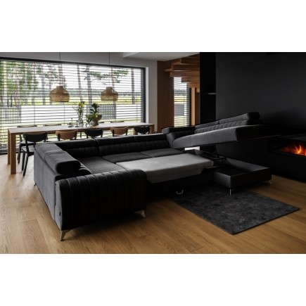 Canapé d'angle convertible, LOUCA VELOURS Luxe, 7/8 places, NOIR, accoudoir gauche (vu de face)
