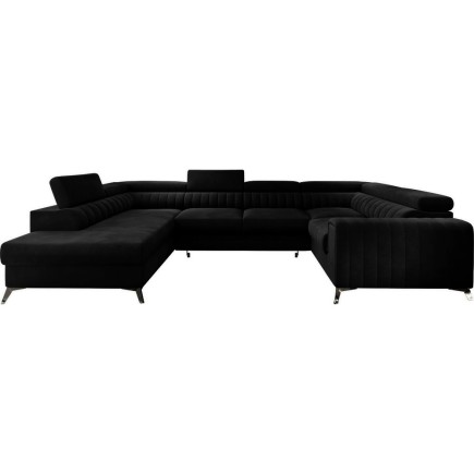 Canapé d'angle convertible LOUCA VELOURS Luxe, 7/8 places, NOIR, accoudoir droit (vu de face)