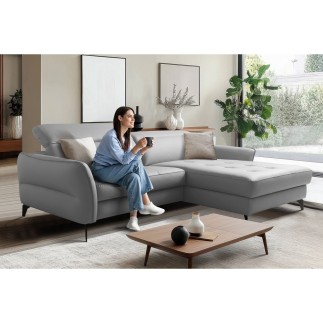 Canapé d'angle convertible en cuir italien luxe 5 places, MANZONI, coffre, gris clair, angle droit