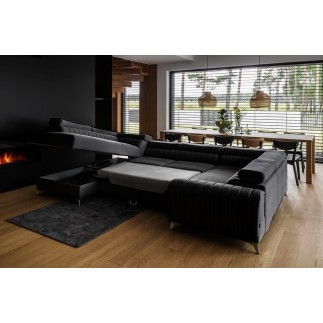 Canapé d'angle convertible LOUCA VELOURS Luxe, 7/8 places, NOIR, accoudoir droit (vu de face)