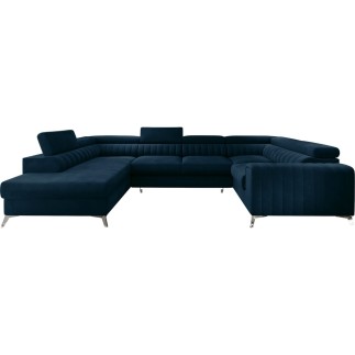 Canapé d'angle convertible LOUCA VELOURS Luxe, 7/8 places, bleu foncé, accoudoir droit (vu de face)