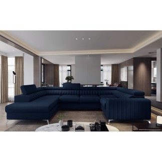 Canapé d'angle convertible LOUCA VELOURS Luxe, 7/8 places, bleu foncé, accoudoir droit (vu de face)