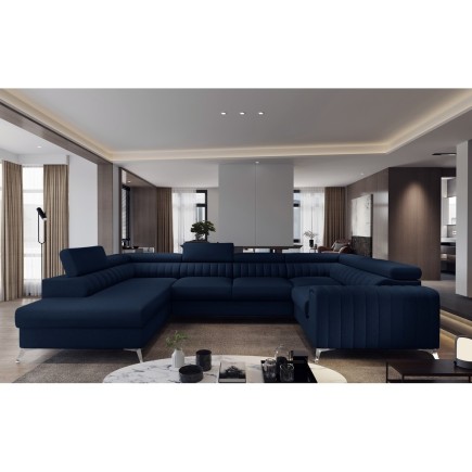 Canapé d'angle convertible LOUCA VELOURS Luxe, 7/8 places, bleu foncé, accoudoir droit (vu de face)