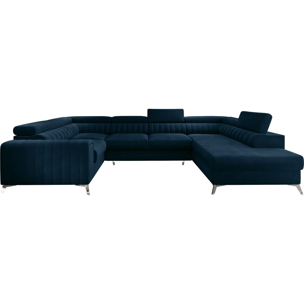 - Canapé d'angle convertible, LOUCA VELOURS Luxe, 7/8 places, bleu foncé, accoudoir gauche (vu de face)