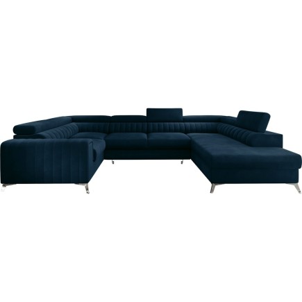 - Canapé d'angle convertible, LOUCA VELOURS Luxe, 7/8 places, bleu foncé, accoudoir gauche (vu de face)
