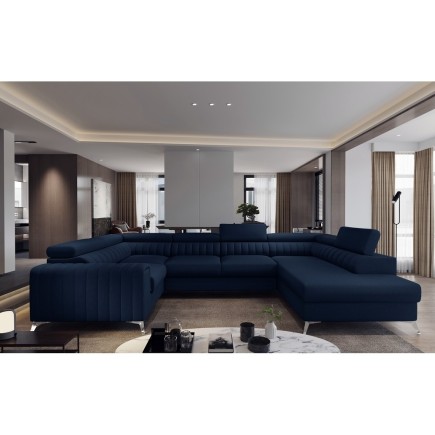 - Canapé d'angle convertible, LOUCA VELOURS Luxe, 7/8 places, bleu foncé, accoudoir gauche (vu de face)