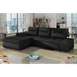 Canapé d'angle convertible en tissu luxe noir et simili cuir noir, 5 places, angle gauche (vu de face) - OTELLO