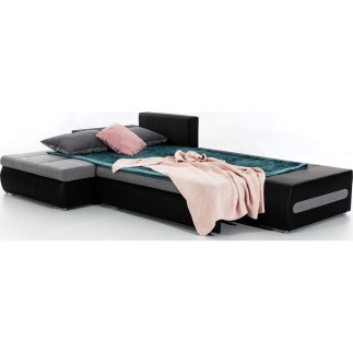 Canapé d'angle convertible en tissu luxe noir et simili cuir noir, 5 places, angle gauche (vu de face) - OTELLO