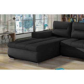 Canapé d'angle convertible en tissu luxe noir et simili cuir noir, 5 places, angle gauche (vu de face) - OTELLO