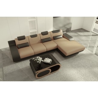 Canapé d'angle en cuir italien 5 places HANSEN, beige et chocolat, angle droit