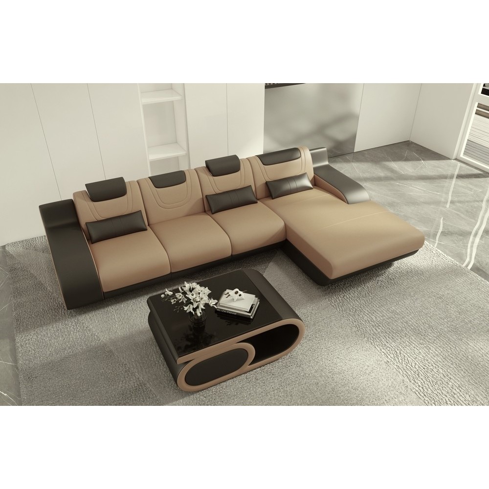 Canapé d'angle en cuir italien 5 places HANSEN, beige et chocolat, angle droit
