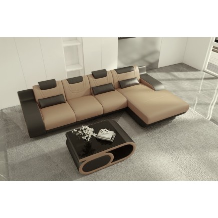 Canapé d'angle en cuir italien 5 places HANSEN, beige et chocolat, angle droit
