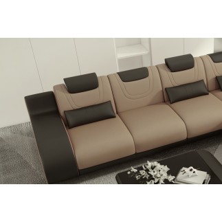 Canapé d'angle en cuir italien 5 places HANSEN, beige et chocolat, angle droit
