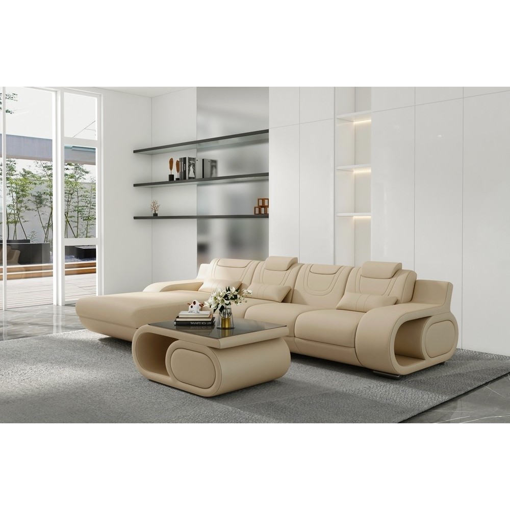Canapé d'angle en cuir italien 5 places HANSEN, beige, angle gauche