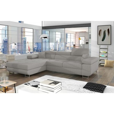 Canapé d'angle convertible - ARMEL en velours cottelé luxe 5 places, couleur gris, coffre, angle gauche (vu de face)