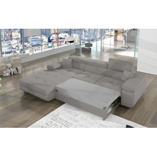 Canapé d'angle convertible - ARMEL en velours cottelé luxe 5 places, couleur gris, coffre, angle gauche (vu de face)