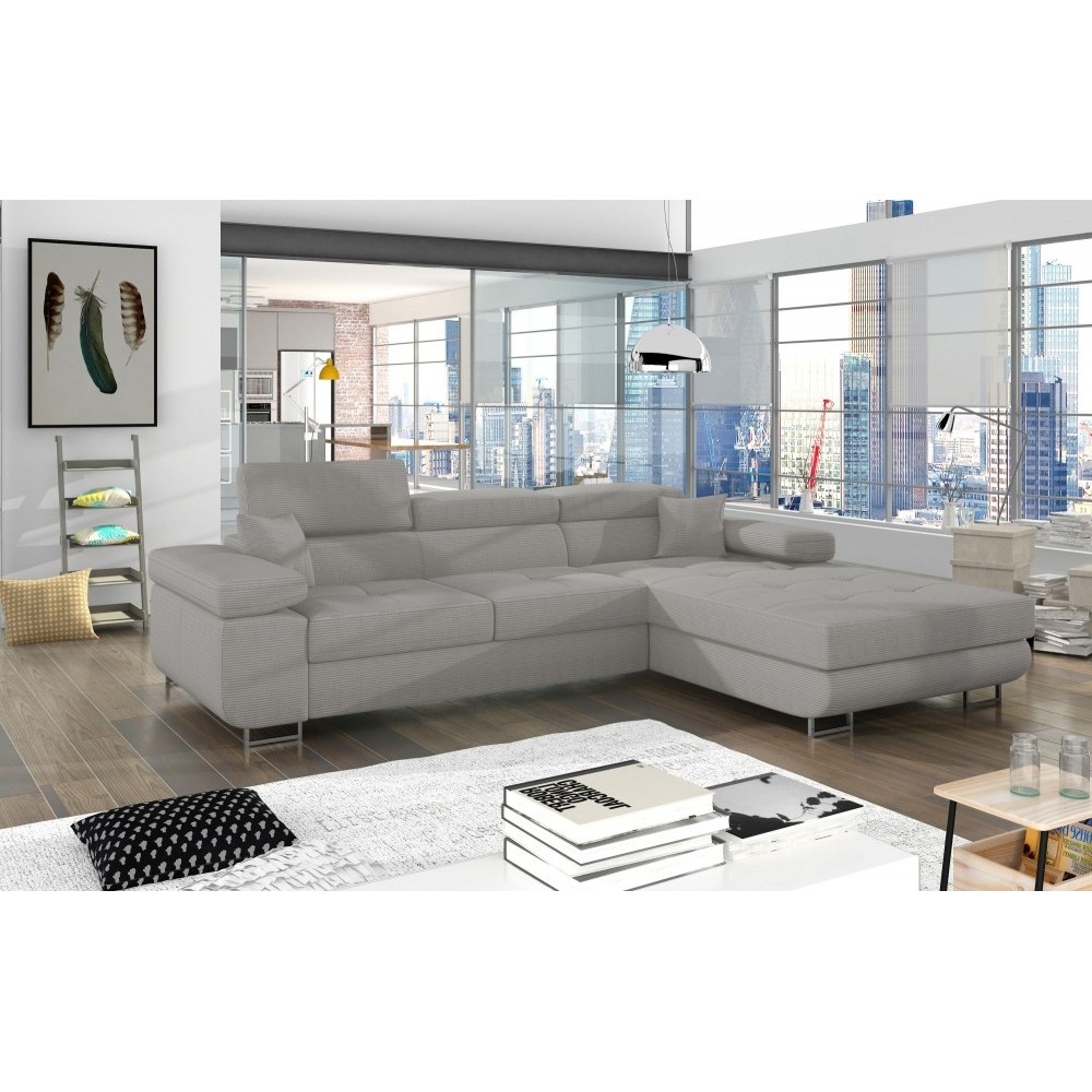 Canapé d'angle convertible ARMEL en velours cottelé luxe 5 places, couleur gris, avec coffre, angle droit (vu de face)