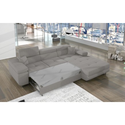 Canapé d'angle convertible ARMEL en velours cottelé luxe 5 places, couleur gris, avec coffre, angle droit (vu de face)
