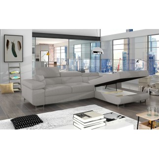 Canapé d'angle convertible ARMEL en velours cottelé luxe 5 places, couleur gris, avec coffre, angle droit (vu de face)