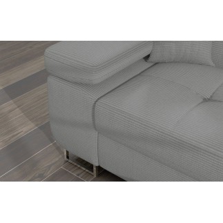 Canapé d'angle convertible ARMEL en velours cottelé luxe 5 places, couleur gris, avec coffre, angle droit (vu de face)