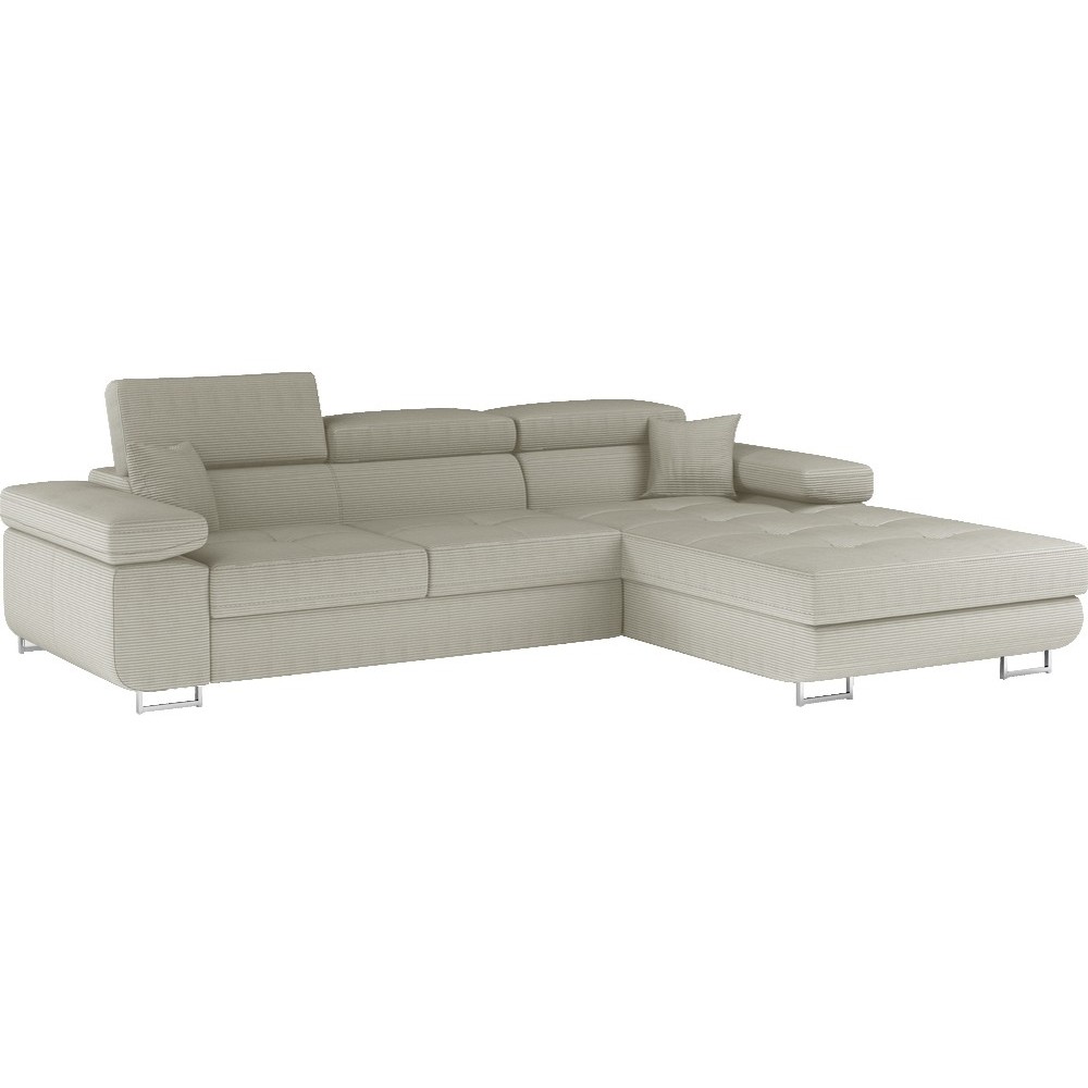 Canapé d'angle convertible ARMEL en velours cottelé luxe 5 places, couleur beige, avec coffre, angle droit (vu de face)