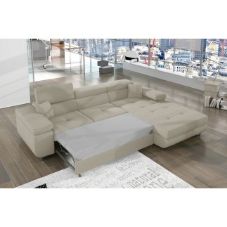 Canapé d'angle convertible ARMEL en velours cottelé luxe 5 places, couleur beige, avec coffre, angle droit (vu de face)