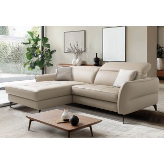 Canapé d'angle convertible en cuir italien luxe 5 places, MANZONI, coffre, beige, angle gauche