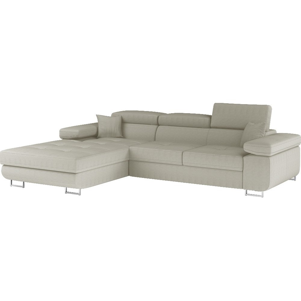 Canapé d'angle convertible - ARMEL en velours cottelé luxe 5 places, couleur beige, coffre, angle gauche (vu de face)