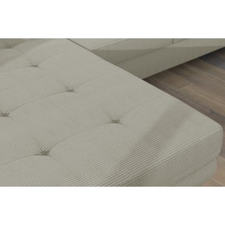 Canapé d'angle convertible - ARMEL en velours cottelé luxe 5 places, couleur beige, coffre, angle gauche (vu de face)