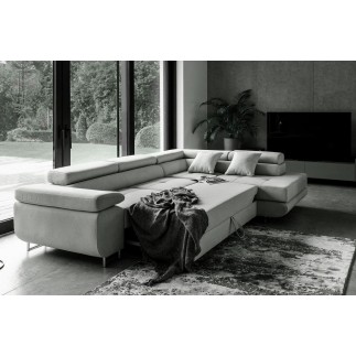 Canapé d'angle convertible en tissu luxe 5 places, ANNECY TISSU, couleur gris, angle droit