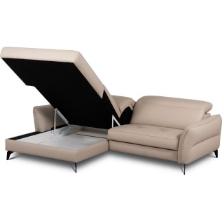 Canapé d'angle convertible en cuir italien luxe 5 places, MANZONI, coffre, beige, angle gauche