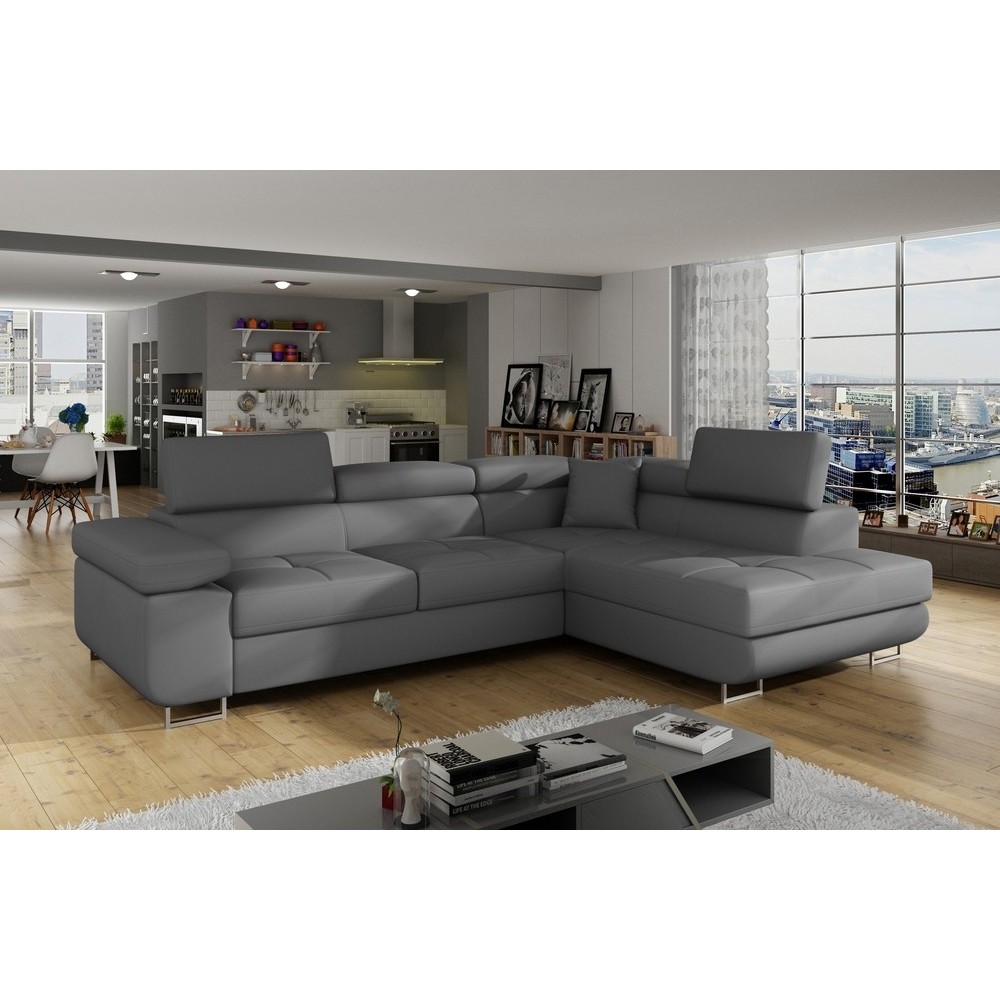 Canapé d'angle convertible en simili cuir 5 places, ANVERS SIMILI, gris foncé, angle droit