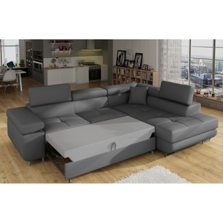 Canapé d'angle convertible en simili cuir 5 places, ANVERS SIMILI, gris foncé, angle droit
