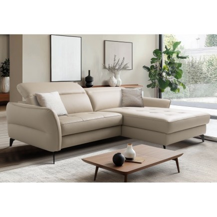 Canapé d'angle convertible en cuir italien luxe 5 places, MANZONI, coffre, beige, angle droit