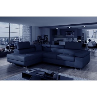 Canapé d'angle convertible en simili cuir 5 places, ANVERS SIMILI, bleu foncé, angle gauche