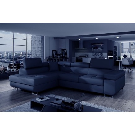 Canapé d'angle convertible en simili cuir 5 places, ANVERS SIMILI, bleu foncé, angle gauche