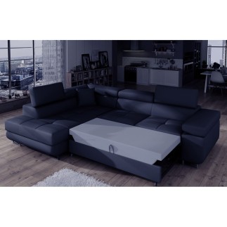 Canapé d'angle convertible en simili cuir 5 places, ANVERS SIMILI, bleu foncé, angle gauche