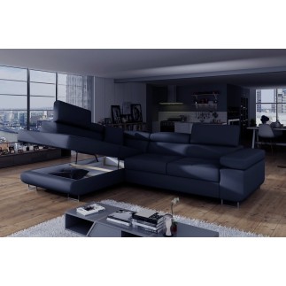 Canapé d'angle convertible en simili cuir 5 places, ANVERS SIMILI, bleu foncé, angle gauche