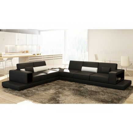 Canapé d'angle en cuir italien 6/7 places LOFT, noir