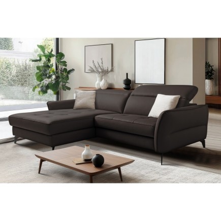 Canapé d'angle convertible en cuir italien luxe 5 places, MANZONI, coffre, chocolat, angle gauche