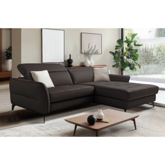 Canapé d'angle convertible en cuir italien luxe 5 places, MANZONI, coffre, Chocolat, angle droit