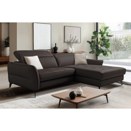 Canapé d'angle convertible en cuir italien luxe 5 places, MANZONI, coffre, Chocolat, angle droit
