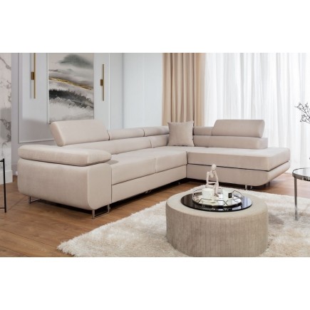 Canapé d'angle convertible en velours luxe 5 places, avec coffre, beige, angle droit (vu de face), ANNECY VELOURS