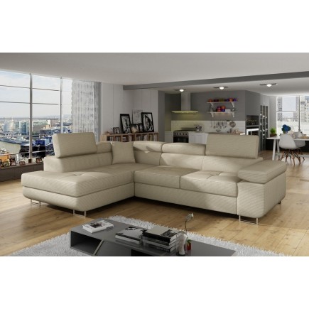 Canapé d'angle convertible en velours cotelé luxe 5 places, avec coffre, beige, angle gauche (vu de face), ANNECY VELOURS COTELE