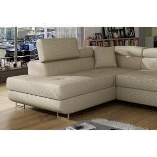 Canapé d'angle convertible en velours cotelé luxe 5 places, avec coffre, beige, angle gauche (vu de face), ANNECY VELOURS COTELE